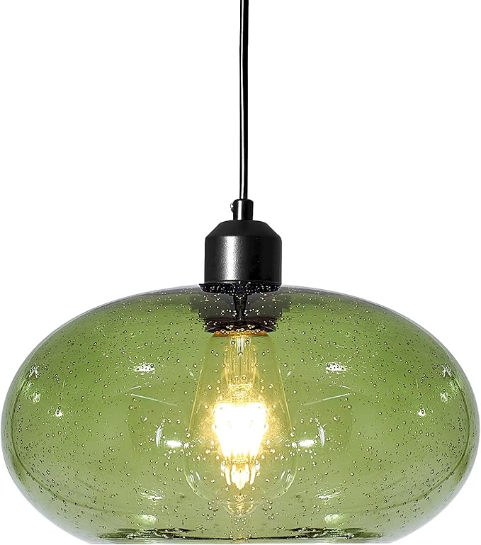 Modern Green Glass Pendant Light, 1-Light Glass Dome Shade Pendant Lighting Fixture for Kitchen Island, Sink, Counter, Bar,Nursery,Dining Room, Matte Black 10inch Diam