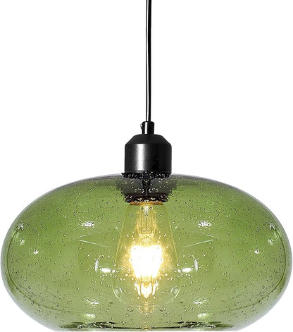 Modern Green Glass Pendant Light, 1-Light Glass Dome Shade Pendant Lighting Fixture for Kitchen Island, Sink, Counter, Bar,Nursery,Dining Room, Matte Black 10inch Diam