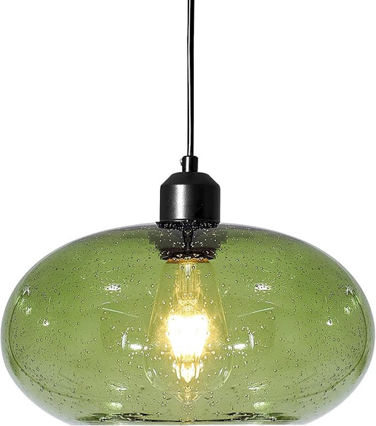 Modern Green Glass Pendant Light, 1-Light Glass Dome Shade Pendant Lighting Fixture for Kitchen Island, Sink, Counter, Bar,Nursery,Dining Room, Matte Black 10inch Diam