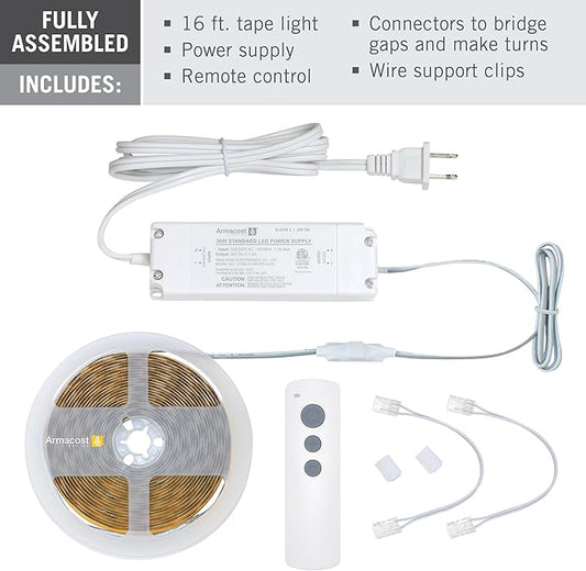 Armacost Lighting RibbonFlex Home Continuous (COB) LED Tape Light Kit with Remote - 16ft. (5M),Continuous (Cob) 3000k White