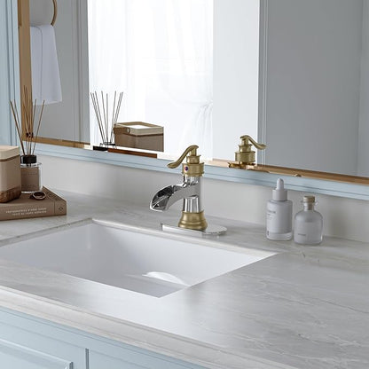BWE Bathroom Faucet Waterfall Single Handle Chrome and Gold Vanity with Pop Up Drain Stopper with Overflow One Hole Lever Bath Sink Basin Restroom Mixer Tap Commercial Supply Line