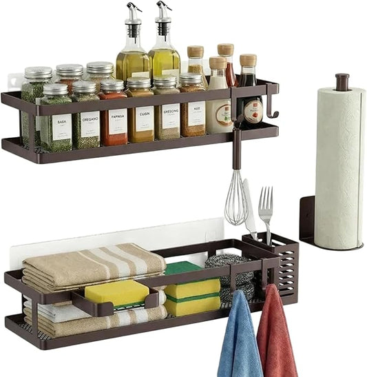 PUSDON 5-in-1 16.5" Extra Long Kitchen Organizer & Shower Caddy Set, Wall Mount Spice Rack with Paper Towel Holder, Utensil Holder & Soap Dish, Rustproof Mesh Storage Rack, Vintage Bronze, Guardrail