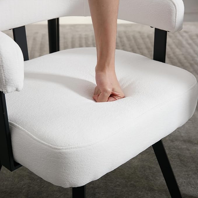 Modern Barrel Dining Chairs Set of 2, White Chenille Upholstered Dining Room Chairs with Arms, Comfy Kitchen Chairs with Black Metal Legs for Dinner Living Room