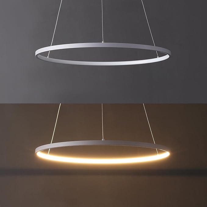 JONATHAN Y 23.75" Gray Modern Integrated LED Pendant Light, Dimmable Round Hoop Chandelier for Kitchen Island, Dining Room, Adjustable Height Metal Hanging Light (JYL7203E)