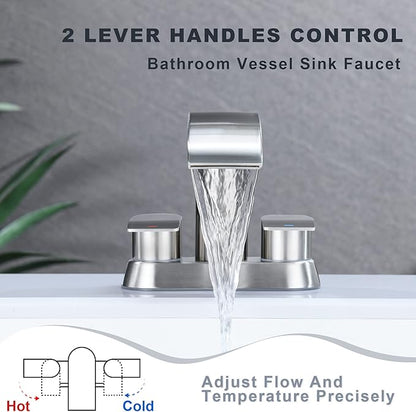 Ultimate Unicorn Waterfall Bathroom Sink Faucet Brushed Nickel, Two Handles Bathroom Faucet with Metal Pop up Sink Drain Stopper, Two Or 3 Holes Bathroom Basin Mixer Tap with Deck Mount Plate