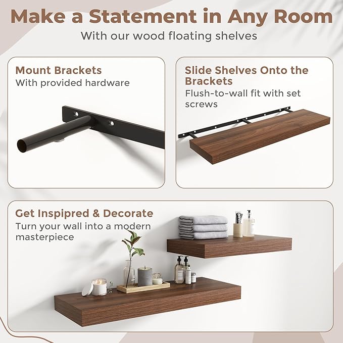Marsmiles 12" Deep Floating Shelves for Wall with Invisible Brackets, Wall Mounted Engineered Wood Shelves with Wood Grain for Living Room, Bedroom, Kitchen Decor and Storage, 48" L Set of 1, Walnut