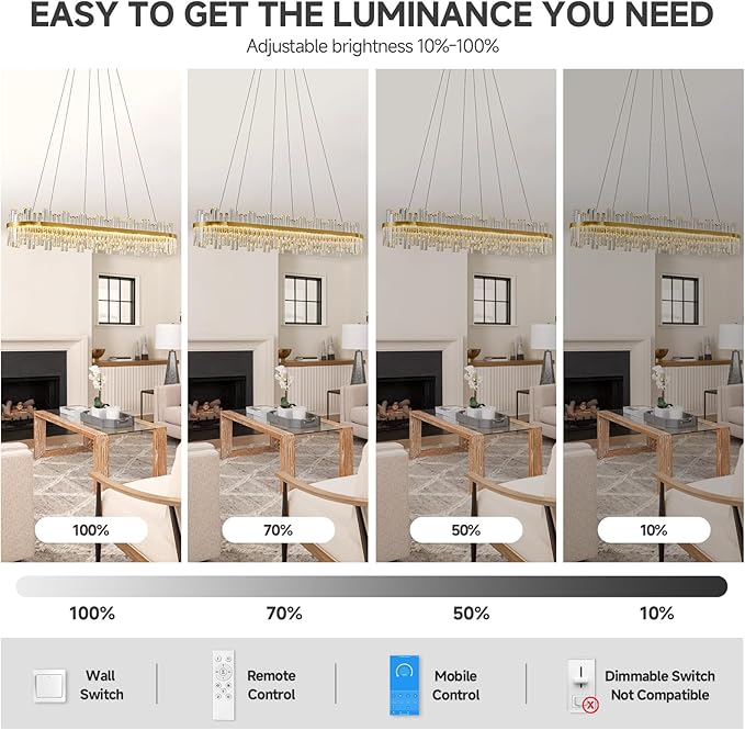 Gold Led Modern Crystal Chandelier: 52" Rectangle Linear 3 Color Dimmable Large Chandelier for Dining Room Over Table - Luxury Rectangular Contemporary Oval Light Fixture for Living Room Bedroom Foyer