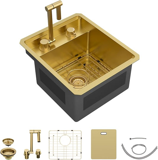 15"x17" Undermount RV Kitchen Sink Workstation – Brushed Gold NANO-PVD, 16 Gauge 304 Stainless Steel, Single Bowl Basin with Foldable Faucet for RV, Camper, Mobile Home, Wet Bar
