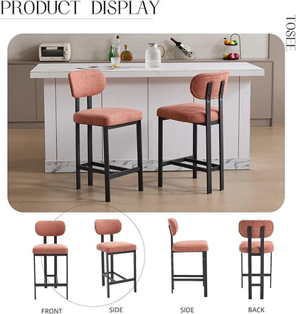 Bar Stools Set of 2, 26 inch Upholstered Fabric Counter Height Bar stools, Kitchen Island Chairs with Black Metal Legs for Dining Room,Kitchen Island,Bar WN152