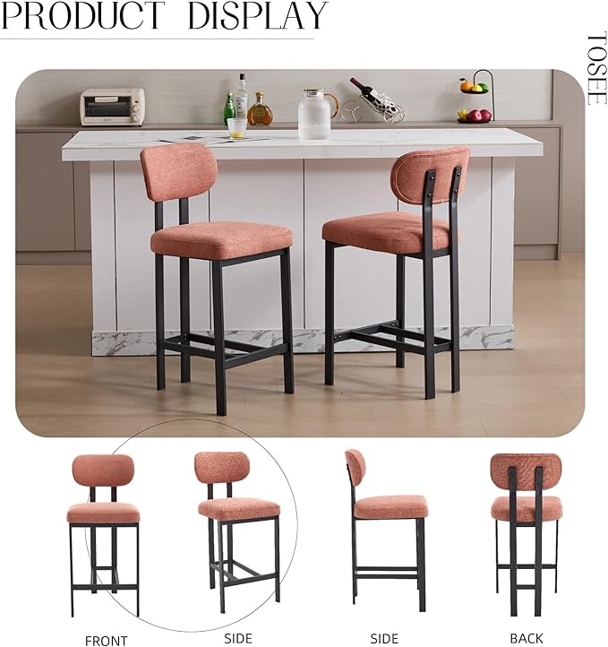 Bar Stools Set of 2, 26 inch Upholstered Fabric Counter Height Bar stools, Kitchen Island Chairs with Black Metal Legs for Dining Room,Kitchen Island,Bar