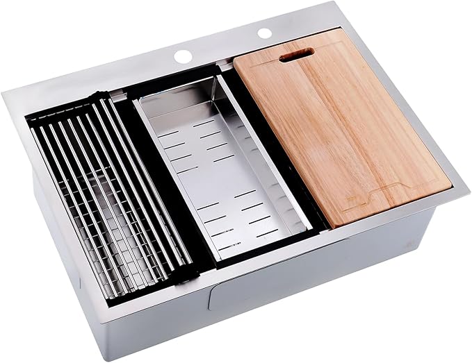 33x22 Drop in Kitchen Sink, Single Bowl Ledge Workstation 16 Gauge Stainless Steel Kitchen Sink Top Mount 2 Holes 10 Inch Deep (33"x22"10")
