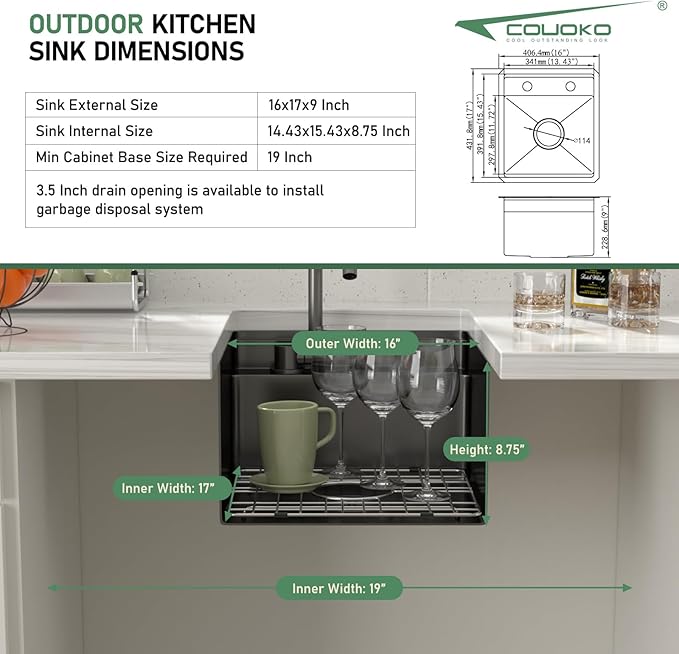 16x17 Inch Outdoor Sink Black Undermount RV Sink Workstation NANO PVD 16 Gauge Stainless Steel Single Bowl Handmade Outdoor Kitchen Sinks With Folding Faucet 16"x17"x9"