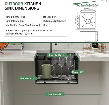 16x17 Inch Outdoor Sink Black Undermount RV Sink Workstation NANO PVD 16 Gauge Stainless Steel Single Bowl Handmade Outdoor Kitchen Sinks With Folding Faucet 16"x17"x9"