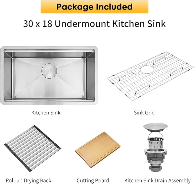 Undermount Kitchen Sink,16 Gauge T-304S Stainless Steel Workstation Sinks with Accessories, 30" x 18" x 10" Large and Deep Single Bowl Kitchen Sink for Home,Kitchen and Outdoor