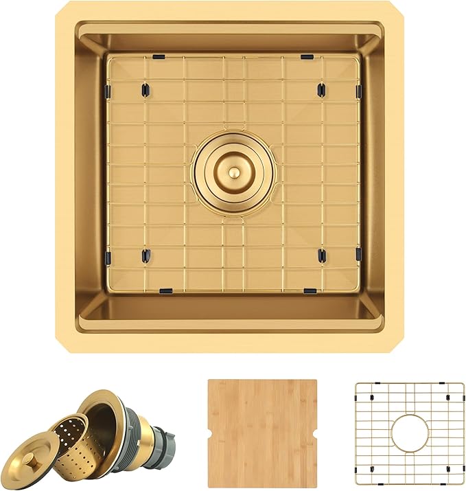 Kitsitchen Gold Bar Sink Undermount,18 Inch Small Bar & Prep Sinks,16 Gauge Stainless Steel Bar Sink with Workstation for Wet Bar Area(18" X 18" X 10")
