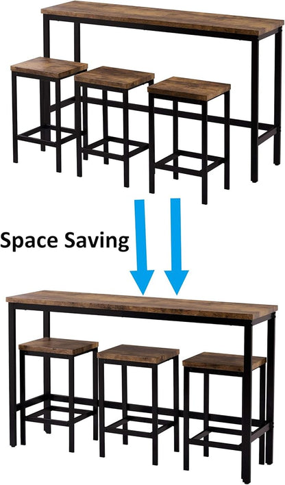 4-Piece Counter Height Extra Long Dining Table Set, Bar Table Set with 3 Stools, Side Table with Footrest Pub Kitchen Set (Brown)