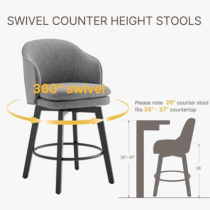 KISLOT Counter Height Barstools 26 inch Upholstered Swivel Bar Stools with Back for Kitchen Island,Set of 1,Dark Grey Fabric