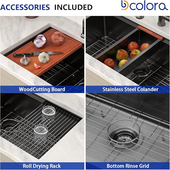Dcolora 36 in. Black Undermount Kitchen Sink Workstation NANO-PVD Large Black Kitchen Sinks with Ledge Round Corner 16 304 Gauge Stainless Steel Single Bowl Basin, Gunmetal Black,36"x19"x10",DC-U7776
