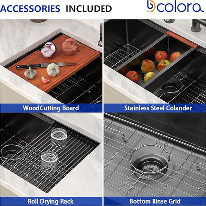 Dcolora 36 in. Black Undermount Kitchen Sink Workstation NANO-PVD Large Black Kitchen Sinks with Ledge Round Corner 16 304 Gauge Stainless Steel Single Bowl Basin, Gunmetal Black,36"x19"x10",DC-U7776