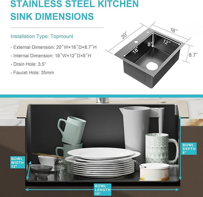 20" x 16" Drop in Kitchen Sink 304 Stainless Steel Single Bowl Topmount Bar Sink with Drain Kit and Bottom Grid, Black