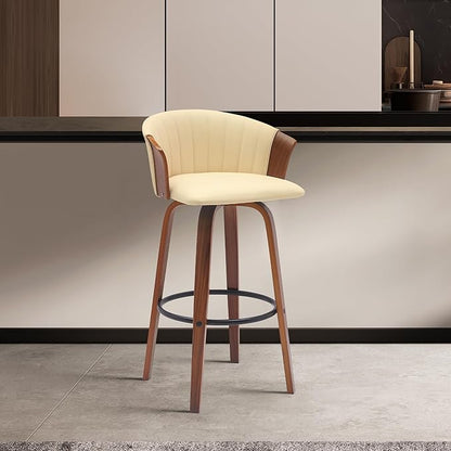 Armen Living Diana 30" Seat Height Mid Century Modern Swivel Walnut Wood Bar Stool for Kitchen Island Counter in Cream Faux Leather