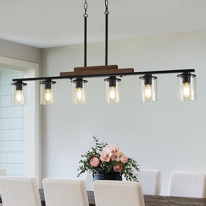 Dining Room Light Fixture Over Table, Farmhouse 6-Light Kitchen Island Lighting, Linear Black Chandelier with Clear Glass Shades, Modern Rustic Wood Pendant Kitchen Lights, with Adjustable Height