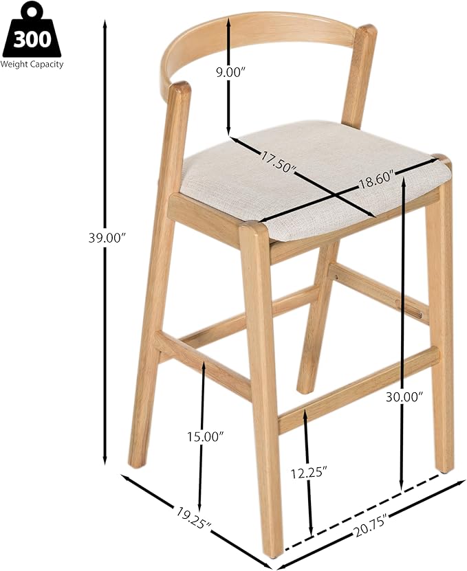 Set of 2 Bar Stools, Solid Rubber Wood Frame with Beige Polyester Cushion, Ergonomic Backrest & Smooth Lines, Modern Kitchen Island Chairs for Dining Room (Natural)