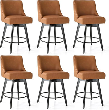 Counter Height Bar Stools Set of 6, Swivel Barstools with Backs and Wood Legs, Faux Leather Upholstered Counter Stools for Kitchend Island, Mid-Century Modern 26" Seat Height Bar Chairs, Brown