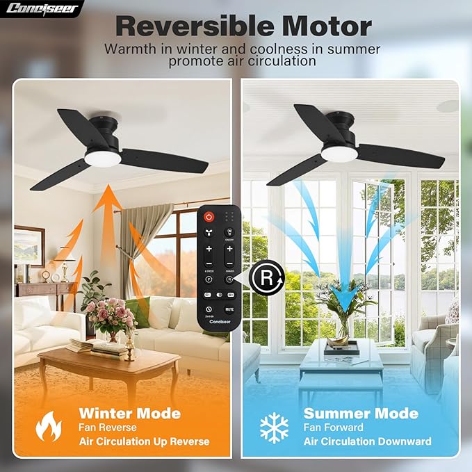 Conciseer Modern 42 Inch Ceiling Fans with Lights and Remote, Bedroom Living Room Office, Flush Mount, 18W 3CCT Dimmable, Dual Color 3 Blades 6 Speed Reversible Quiet DC Motor, Black/Wood Grain