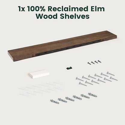48 Inch Flat Edge Floating Shelves, 8 Inch Deep Solid Elm Wood Wall Shelf, Heavy-Duty Wall Mounted Shelf with Invisible Brackets for Living Room, Bathroom, Kitchen, Set of 1, Walnut Color