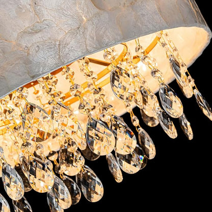 LumFurn 4-Light Drum Capiz Shell Crystal Chandeliers, Coastal Style Pendant Light Fixture for Dining Room, Living Room, D18 x 21~68"(Adjustable), Shell Lampshade & Gold Finish