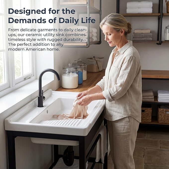 Freestanding Laundry Utility Sink, 28.3" x 19" x 32.3" Ceramic Utility Sink with Washboard Set with Bracket and Drain Kit for Laundry Room, Utility Room, Garage, Basement, Outdoor and Indoor