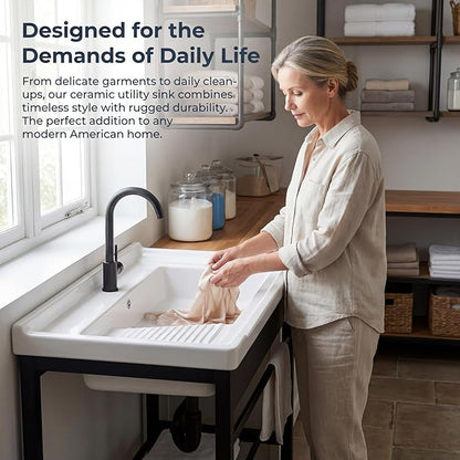 Freestanding Laundry Utility Sink, 28.3" x 19" x 32.3" Ceramic Utility Sink with Washboard Set with Bracket and Drain Kit for Laundry Room, Utility Room, Garage, Basement, Outdoor and Indoor