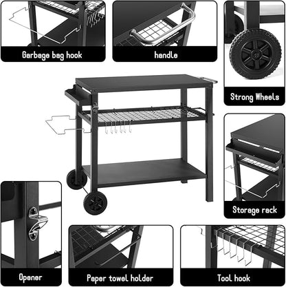 Kendane Grill Cart Table with Three Shelf, Movable Outdoor Dining Cart Pizza Oven Stand with Three Hooks, Kitchen Cart Island Multifunction Food Prep Table (Black)