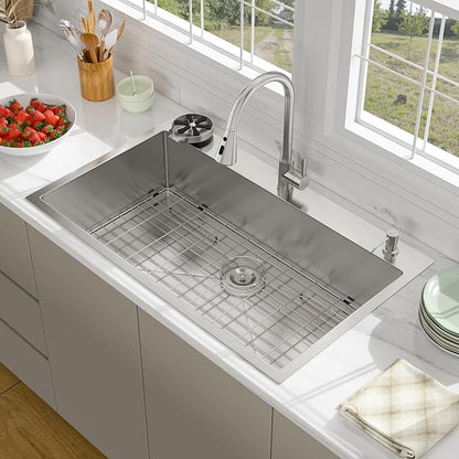 36 Drop In Kitchen Sink - Beslend 36x22 Kitchen Sink Drop In with Pull-Out Faucet, Stainless Steel Sinks and Soap Dispenser Topmount 16 Gauge Single Bowl Above Counter Dish Basin 9" Deep