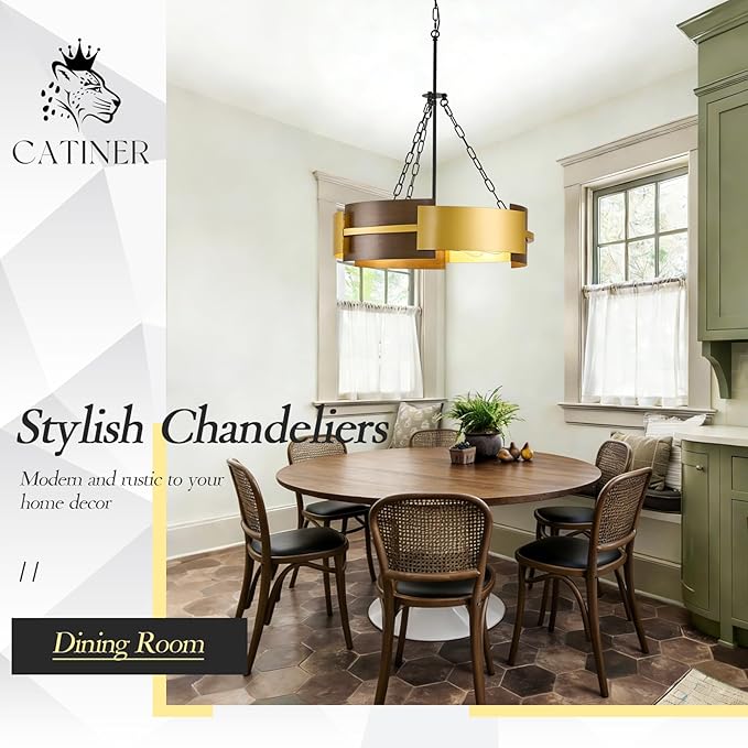 CATINER Modern Industrial Chandelier, Gold Metal 6-Light Drum Hanging Fixture 24" Pendant Lighting for Living Dining Room Foyer Entryway Kitchen, Walnut Grain Finish