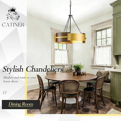 CATINER Modern Industrial Chandelier, Gold Metal 6-Light Drum Hanging Fixture 24" Pendant Lighting for Living Dining Room Foyer Entryway Kitchen, Walnut Grain Finish