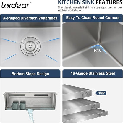 Lordear 31 Drop Kitchen Sink with Faucet Combo 31"x20" Waterfall Kitchen Sink Workstation Stainless Steel 16 Gauge Single Bowl Topmount Handmade Sinks with Pull Out Faucet