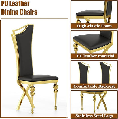7-Piece Modern Dining Table Set, 70" Back Tempered Glass Kitchen Table with Gold Polished Stainless Steel U-Shaped Pedestal Base and 6 Black High Back Chairs with X-Shaped Legs, for Dining Room