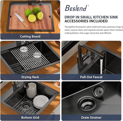 21 Inch Outdoor Kitchen Sink with Faucet- Beslend Gunmetal Black 21x20 Drop In Outdoor Bar Sink, 16 Gauge Stainless Steel Kitchen Sinks Workstation Single Bowl Above Counter Indoor Outdoor