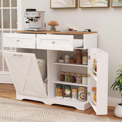 Giantex Tilt Out Trash Can Cabinet 10 Gallon, Kitchen Island with Power Outlet, 2 Drawers, Adjustable Shelves, Hidden Storage Garbage Bin Cabinet for Laundry Room Dining Room (White+Walnut)