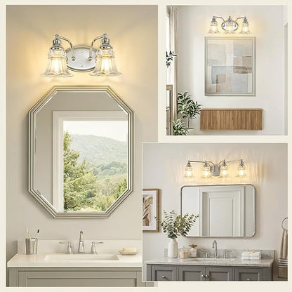 3-Light Bathroom Light Fixtures Over Mirror, Vintage Vanity Lights with Clear Floral Glass Shades, Chrome