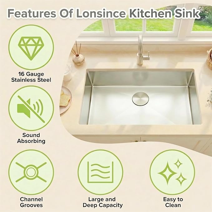 Undermount Kitchen Sink 30 X 18 inch,Single Bowl 16 Gauge Stainless Steel Undermount Kitchen Sinks
