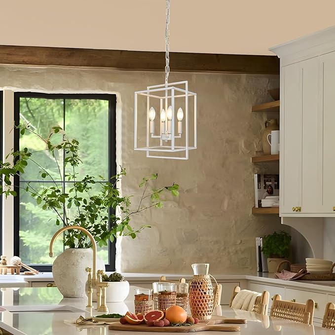 4-Light Farmhouse Chandelier, Rustic Lantern Foyer Lighting Fixtures, Adjustable Metal Antique White Hanging Pendant Light for Dining Room Entryway Kitchen Island Staircase