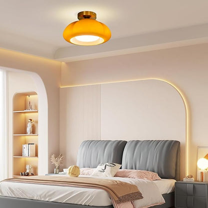 Bofea-Mid Century Modern Orange Milk Glass Ceiling Light,Vintage Gold Semi Flush Mount Ceiling Light with Orange Glass,11.8 in Small Hallway Lights,Farmhouse Semi Flush Lights for Bedroom,Foyer