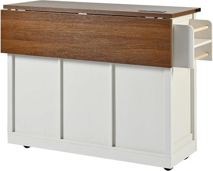 Bellemave 53.7" Farmhouse Kitchen Island cart with Charging Station, Rolling Kitchen Island Table with Drop-Leaf, 3 Drawers, Barn Doors, Large, White