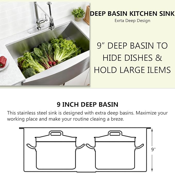 SHACO 33 Inch Stainless Steel Farmhouse Sink, 33x21 Apron Front Farm Sink, 9 Inch Deep 16 gauge Commercial Single Bowl Kitchen Sink