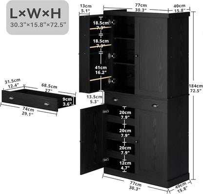 IRONCK Kitchen Pantry Cabinet 72" Height, Freestanding Cupboard with Drawer, Sliding Storage Rack, and 6 Hanging Shelves for Dining Room, Laundry, Living Room, Black