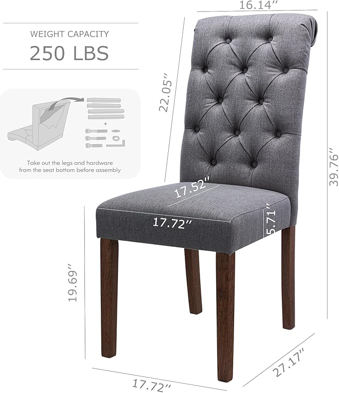 Tufted Dining Chairs Set of 2, Upholstered Parsons Dining Room Chairs, Fabric Kitchen Side Chair with Wood Legs, Dark Grey