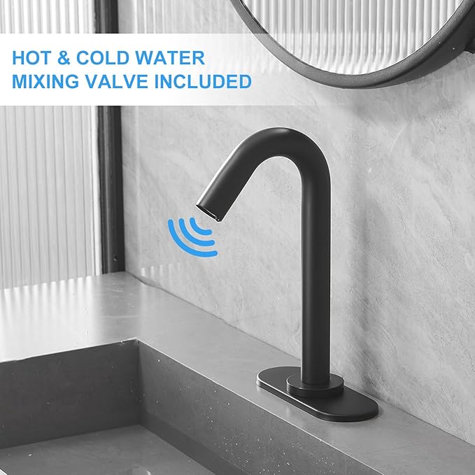 BWE Touchless Bathroom Sink Faucet, Black Automatic Motion Sensor Faucet,Hand-Free Electric Smart Commercial Sink Faucet,with Hole Cover Plate and Control Box,Battery or Plug-in Powered